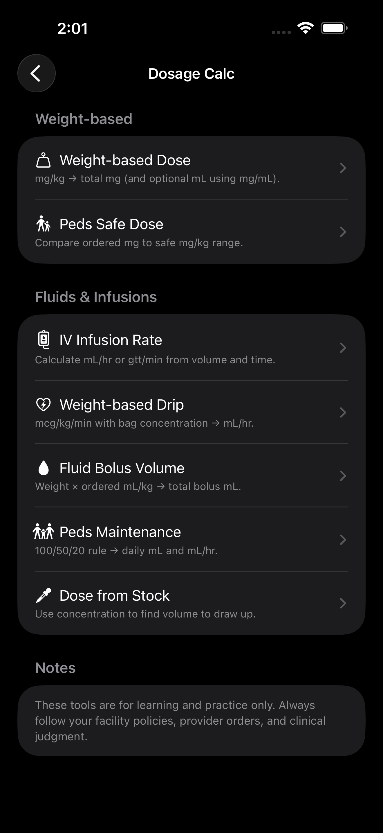 ScrubMate Dosage Calc screen with weight-based and infusion tools.