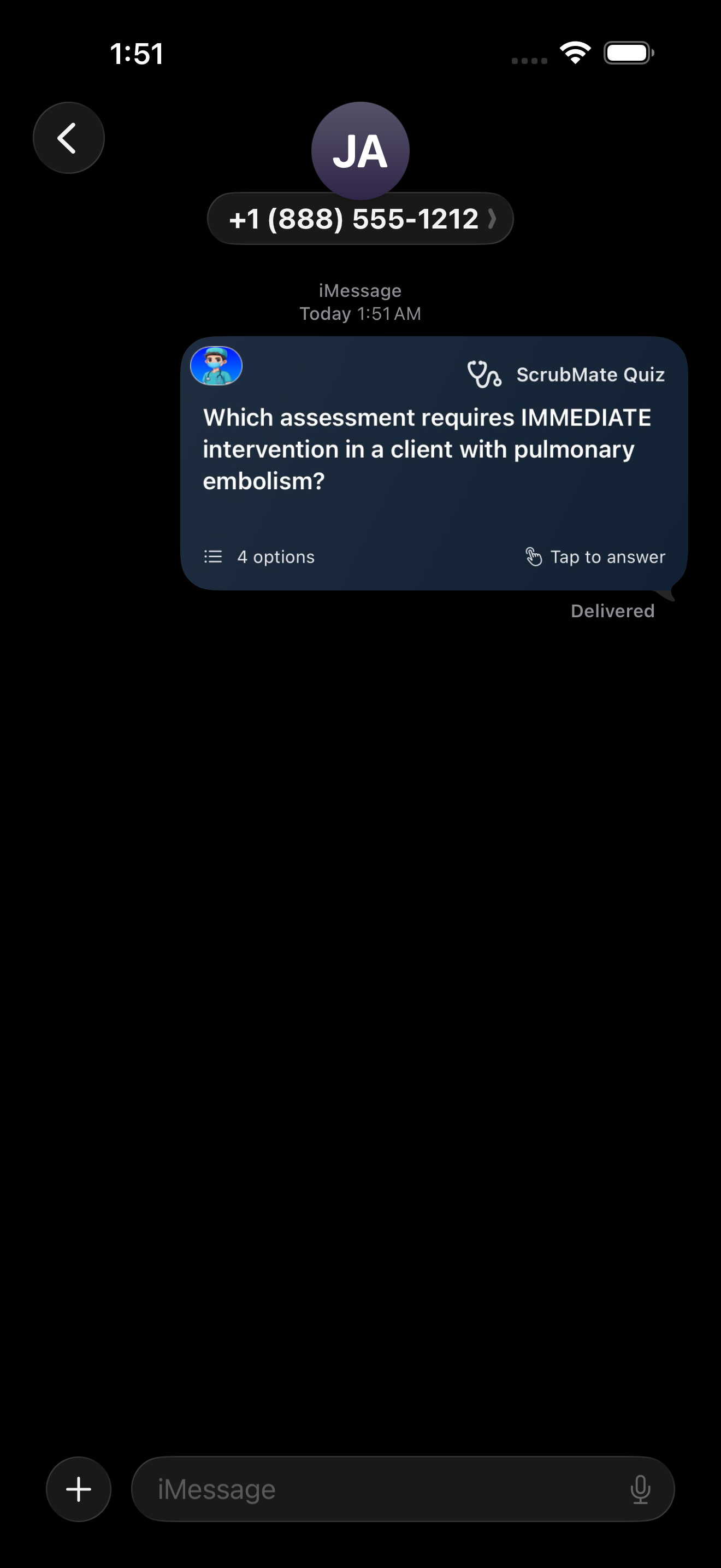 ScrubMate iMessage quiz question card in a conversation.
