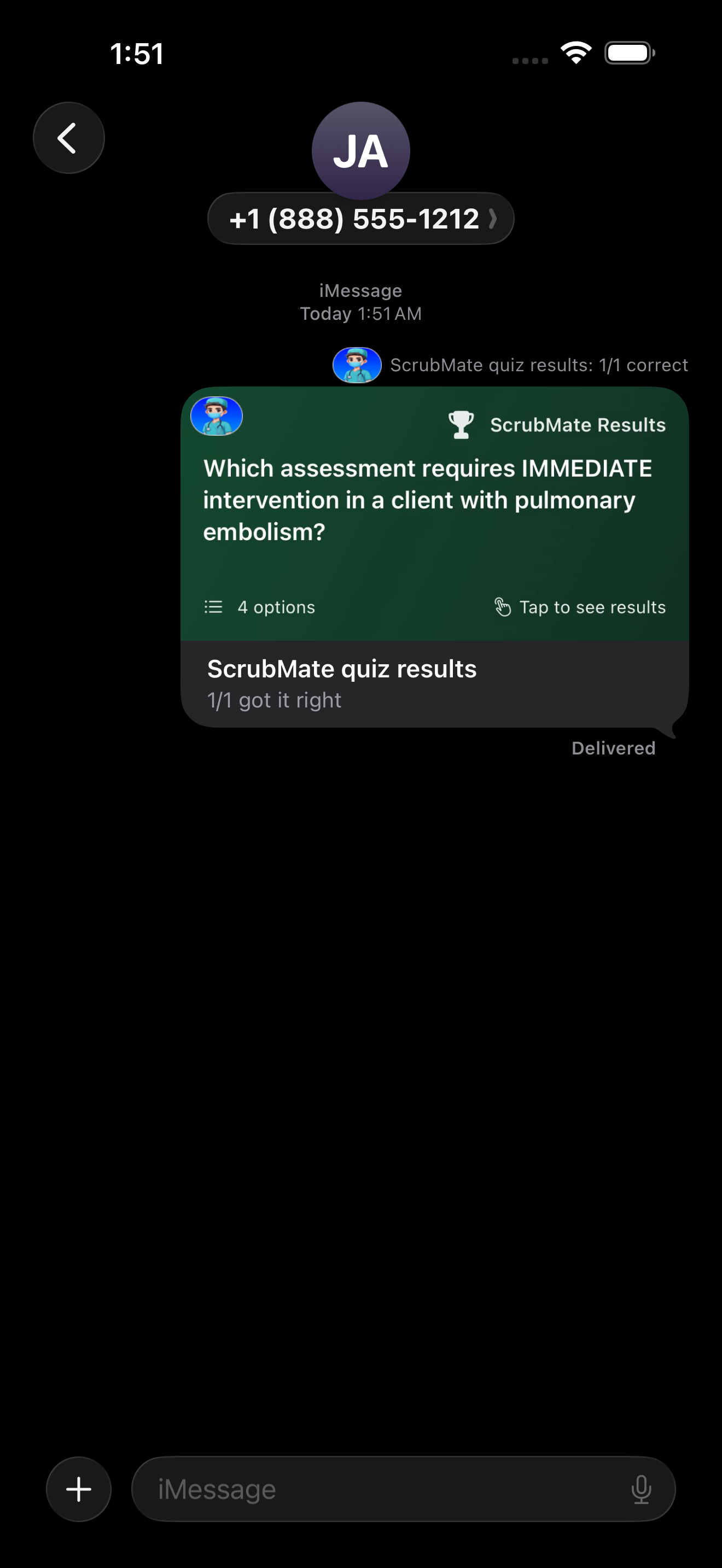 ScrubMate iMessage quiz results card showing score.