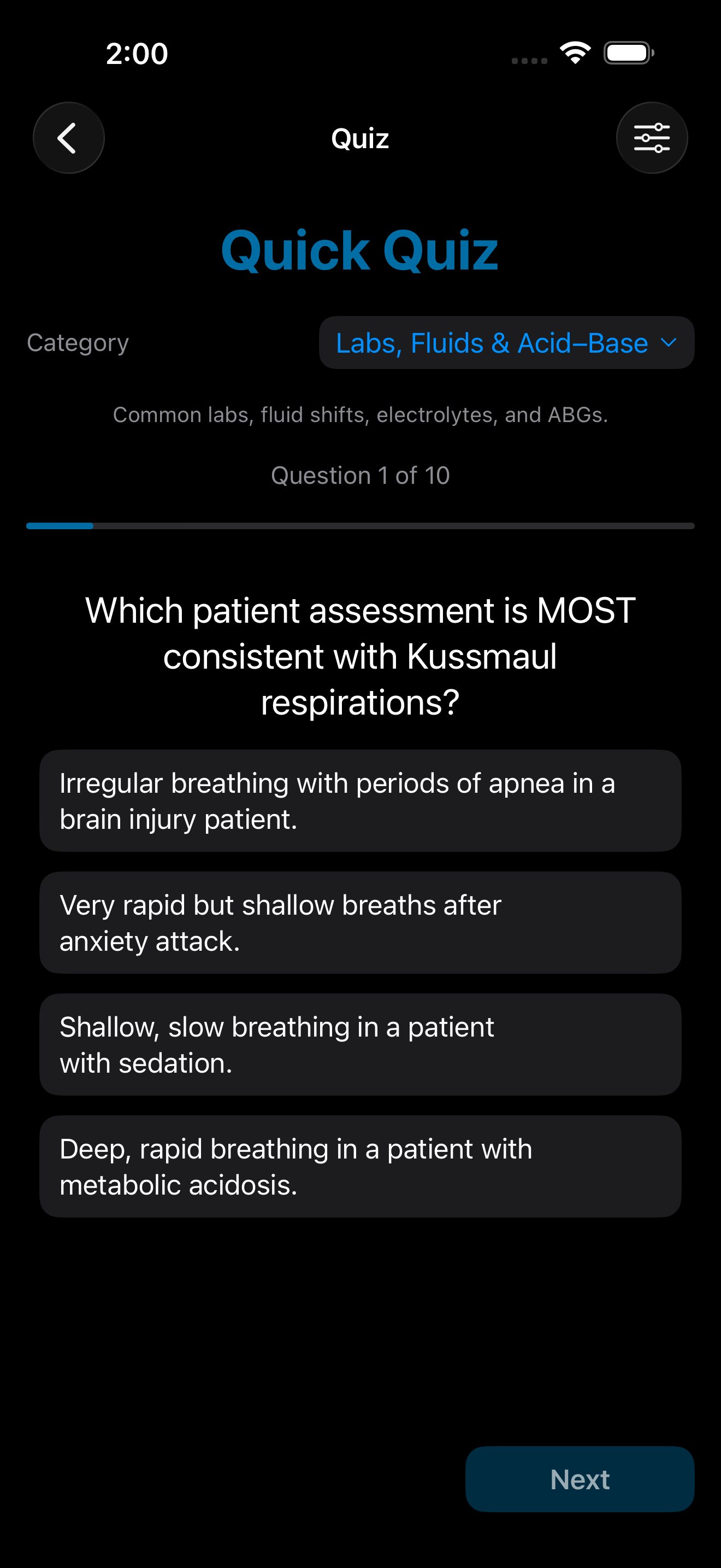 ScrubMate Quick Quiz multiple-choice question screen.