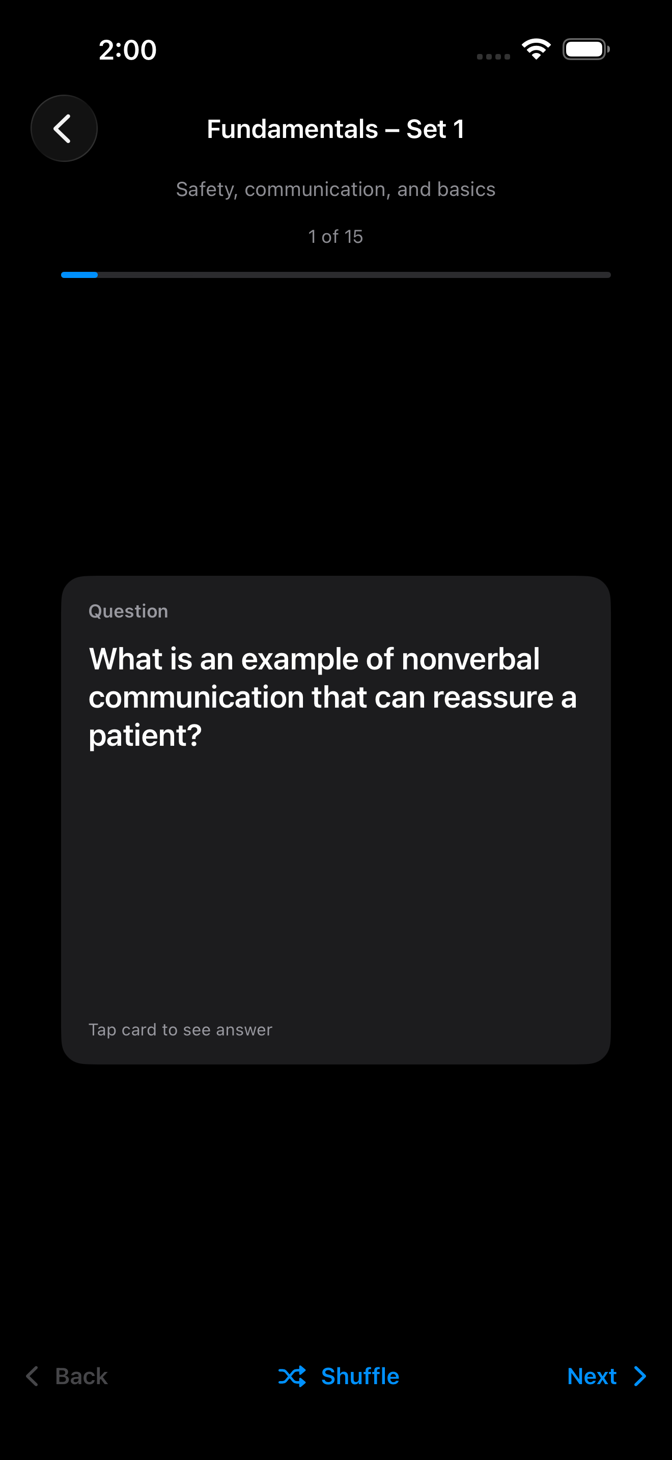 ScrubMate Study Cards screen with a fundamentals question prompt.